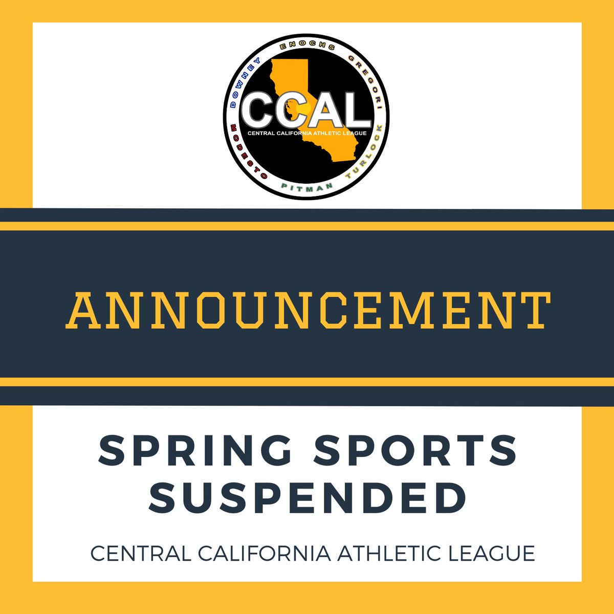 CCAL_209's tweet photo. All CCAL play will be suspended during the closures of the Modesto City Schools and Turlock Unified School District. The California Interscholastic Federation will decide on Tuesday the status of all spring sports, including if practice will be allowed during this period of time. https://t.co/xtNByOmrZy