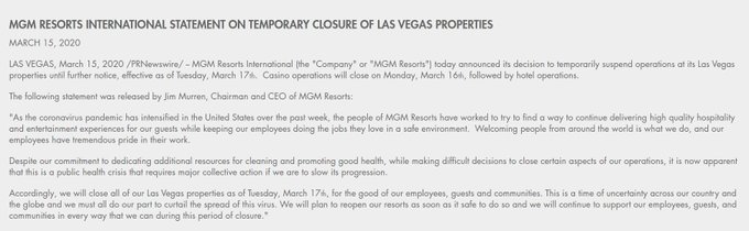 Wow. MGM temporarily closing Las Vegas properties starting March 17th:

Aria
Bellagio
Excalibur
Luxor
Mandalay Bay
MGM Grand
Mirage
New York New York
Park MGM
Vdara