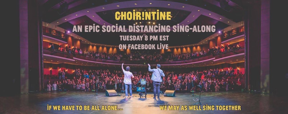 This Tuesday from 8-9:30pm EST, you are invited to CHOIR!NTINE: AN EPIC SOCIAL DISTANCING SING-A-LONG

Where: facebook.com/choirx3

Download lyrics here: 
drive.google.com/drive/folders/…

Then join our Livestream Tuesday at 8pm!

C! U! Soon! XOXOXO

PS: Invite your friends + fam!