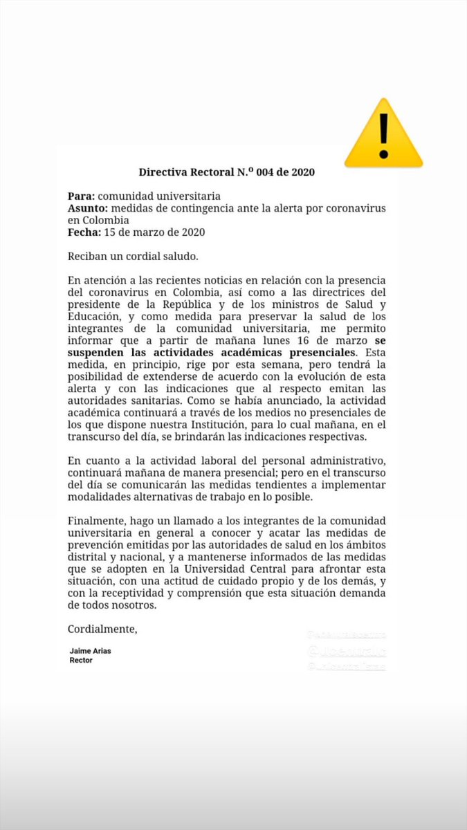 EGGAT_UC's tweet photo. Atención: precaución es responsabilidad
A partir de mañana 16 de marzo, suspenden actividades académicas presenciales @ucentralbogota por esta semana. El cuidado depende de acciones al alcance nuestras manos, incluyendo el informarnos y actuar con calma y sin pánico #coronavirus https://t.co/WMe59iZscX