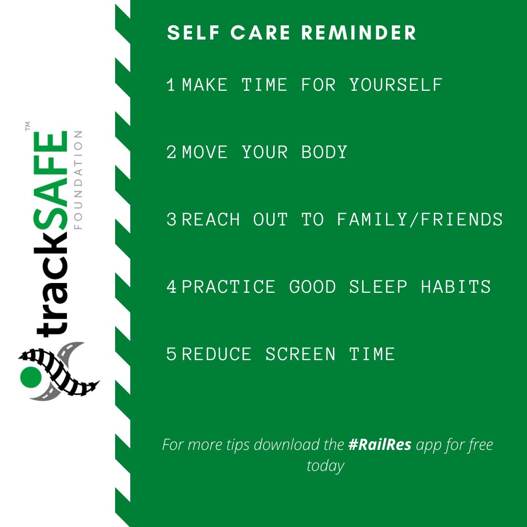 TrackSAFE's tweet photo. Reminder from the @TrackSAFE team to practice good self care, particularly when current events can cause us to feel out of control. Rail employees can download the #RailRes app for free at any time. Find out more via https://t.co/J2IJH5jQEF https://t.co/nRZegrJha5