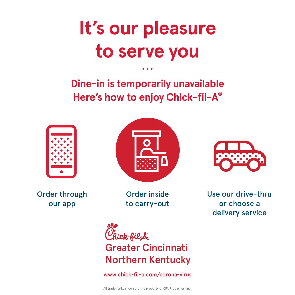 ftwrightcfa's tweet image. Your Greater Cincinnati | Northern Kentucky Chick-fil-A is OPEN to serve you. Our dine-in option is temporarily unavailable. There are still a variety of ways to enjoy Chick-fil-A including drive-thru, carry out and delivery. Check with your local Chick-fil-A for details.