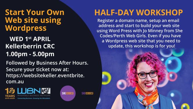 Imagine having a website that you love and a dedicated business email address..... register for our Kellerberrin workshop to learn how to create a business website you will be proud of.

Register at: ow.ly/vtIT50yv9jI
#wbn   #wheatbelt