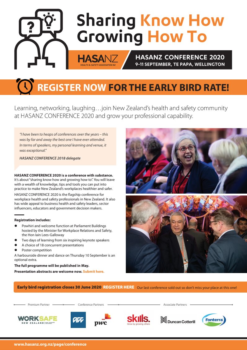 hasa_nz's tweet photo. Registration for HASANZ CONFERENCE 2020 is now open.

Catch the early bird rate: https://t.co/GtgLFsqtpm

#HASANZ #Conference2020 #OccupationalHealth #WorkplaceSafety #WorkplaceHealth https://t.co/vvETSEgJaU