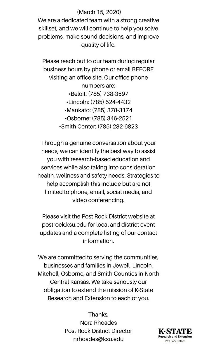KSRE_PostRock's tweet photo. Important message from our District Director. We are committed to serving our communities, businesses, and families. Please visit our website at https://t.co/nmePEXo1HW for local and district event updates and a complete listing of our contact info. https://t.co/gtx7neQihh