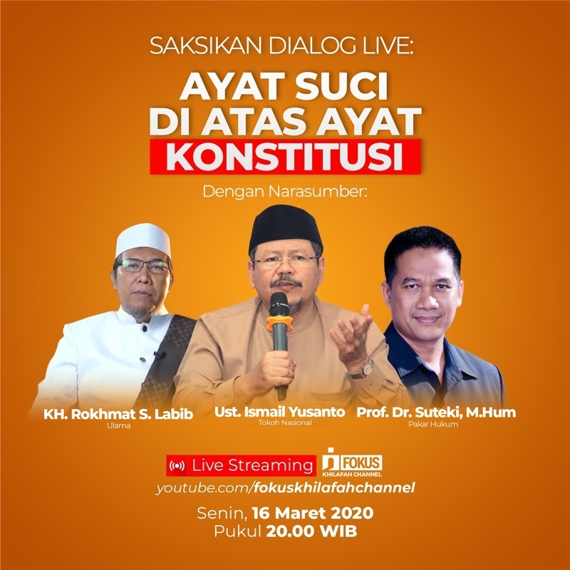FayyadhArief's tweet photo. Bismillahirrahmaanirrahiim.
Mari kita sukseskan *Dialog Live* bersama

*KH. Rokhmat S. Labib*
*Ust. Ismail Yusanto*
*Prof. Dr. Suteki, M.Hum*
dengan tema
*AYAT SUCI DIATAS AYAT KONSTITUSI*

Senin, 16 Maret 2020
Pukul 20:00 WIB
di channel youtube

https://t.co/ReSi37KMnZ https://t.co/SMIrXx8gu5
