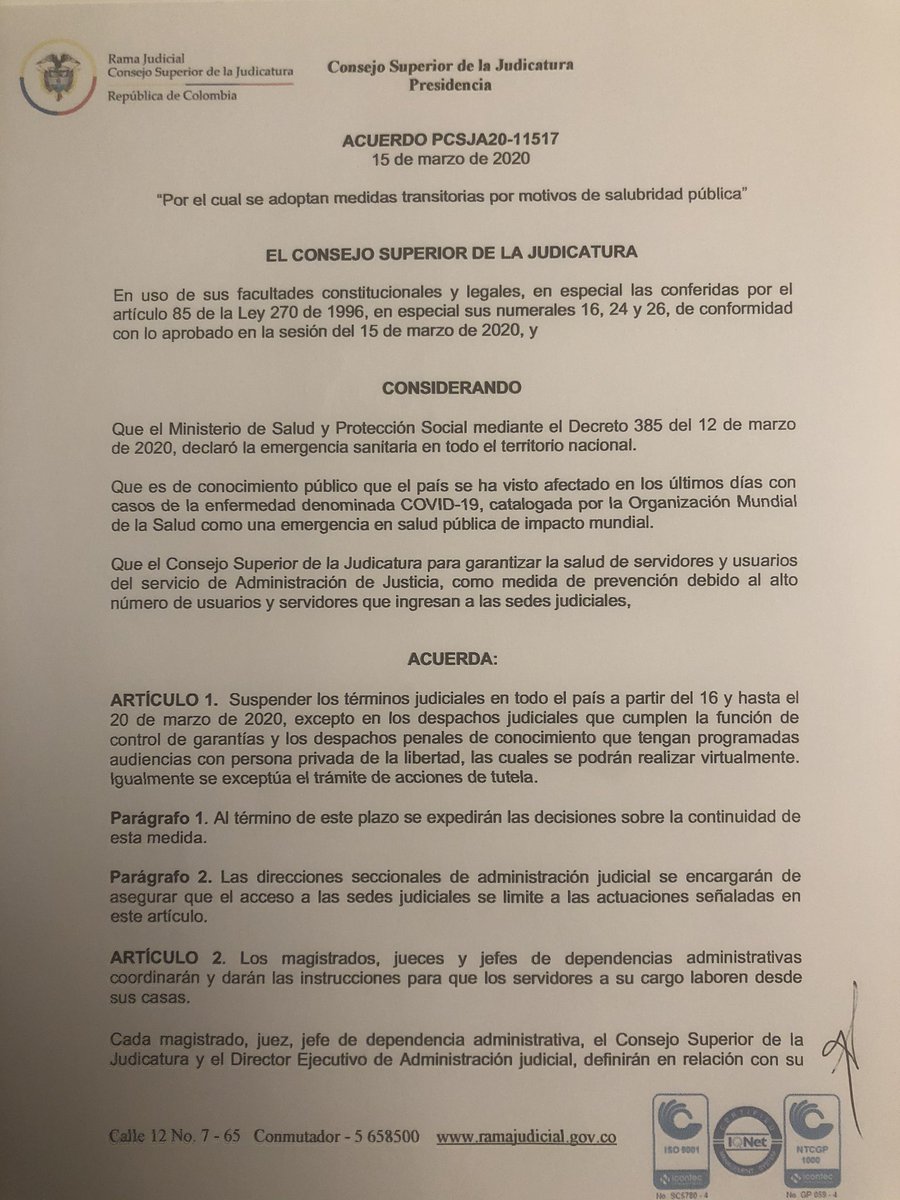 DianaRemolinaB's tweet photo. Atendiendo a la necesidad de proteger a nuestros jueces, magistrados, empleados y usuarios, el Consejo Superior de la Judicatura tomó desde esta noche la decisión de suspender, inicialmente, hasta el 20 de marzo los términos judiciales. https://t.co/0lpHjPbxNJ