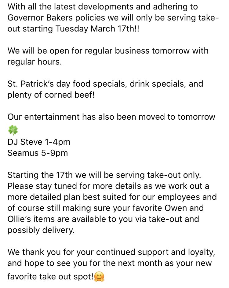 🚨Attention🚨 Please read our statement to our loyal customers below regarding the most recent state mandate on restaurants! We will be open regular hours tomorrow , and will begin Take-Out only on the 17th