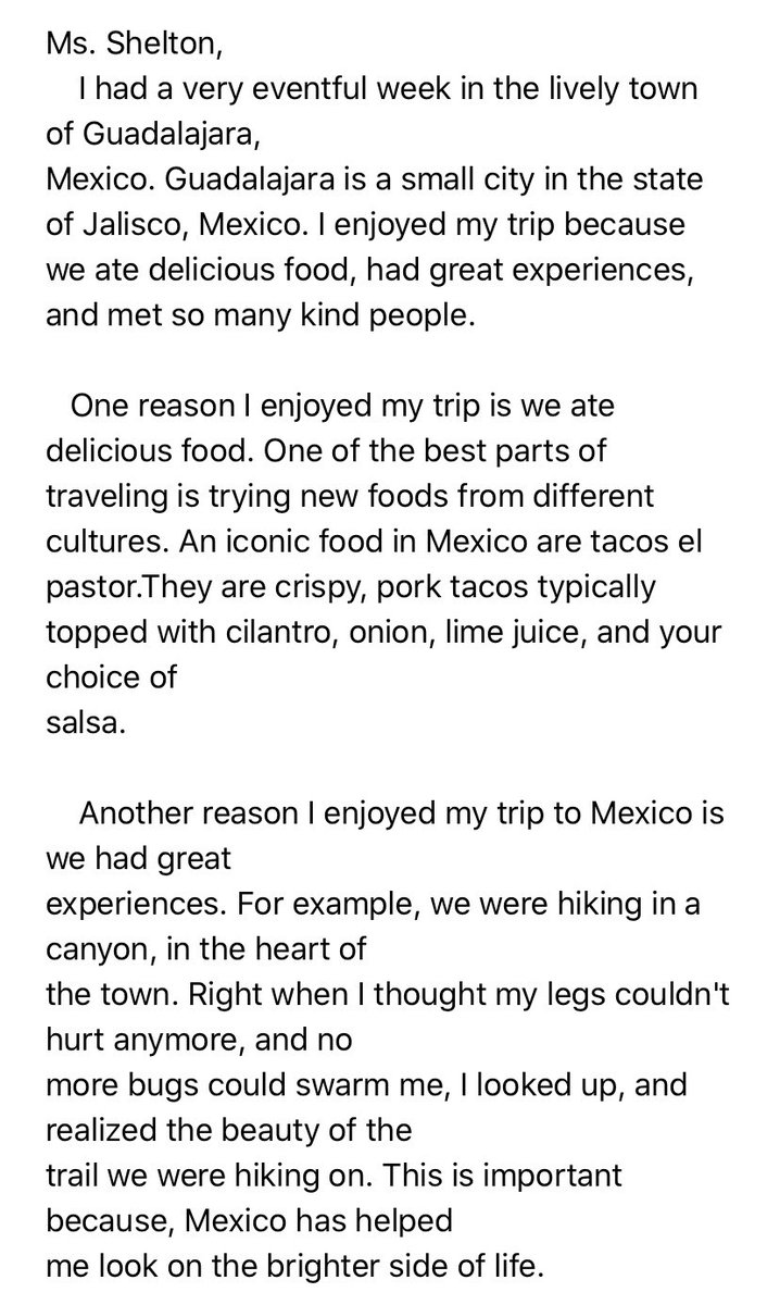 MsShelton5's tweet photo. Just wanted to share this bright spot in the craziness that is our world right now... My student emailed me about her trip to Mexico, and it is beyond beautiful. 
Never mind the structure (which is perfect), but look at the message she left her readers off with. My heart ❤️ https://t.co/Ab6qT62vg1