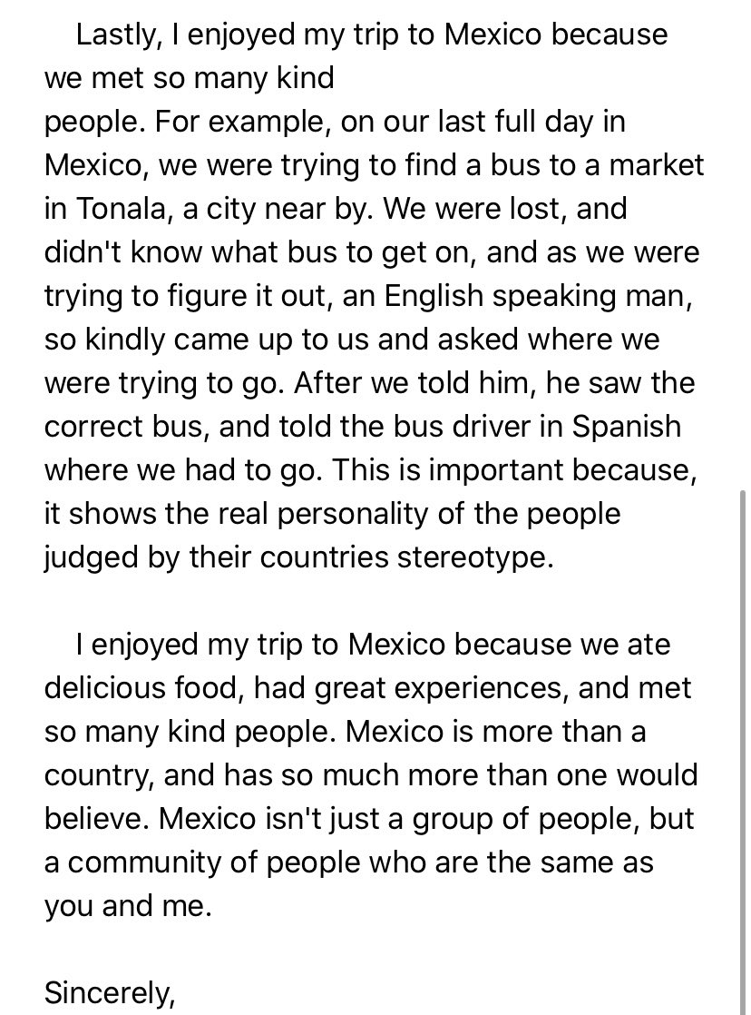 MsShelton5's tweet photo. Just wanted to share this bright spot in the craziness that is our world right now... My student emailed me about her trip to Mexico, and it is beyond beautiful. 
Never mind the structure (which is perfect), but look at the message she left her readers off with. My heart ❤️ https://t.co/Ab6qT62vg1