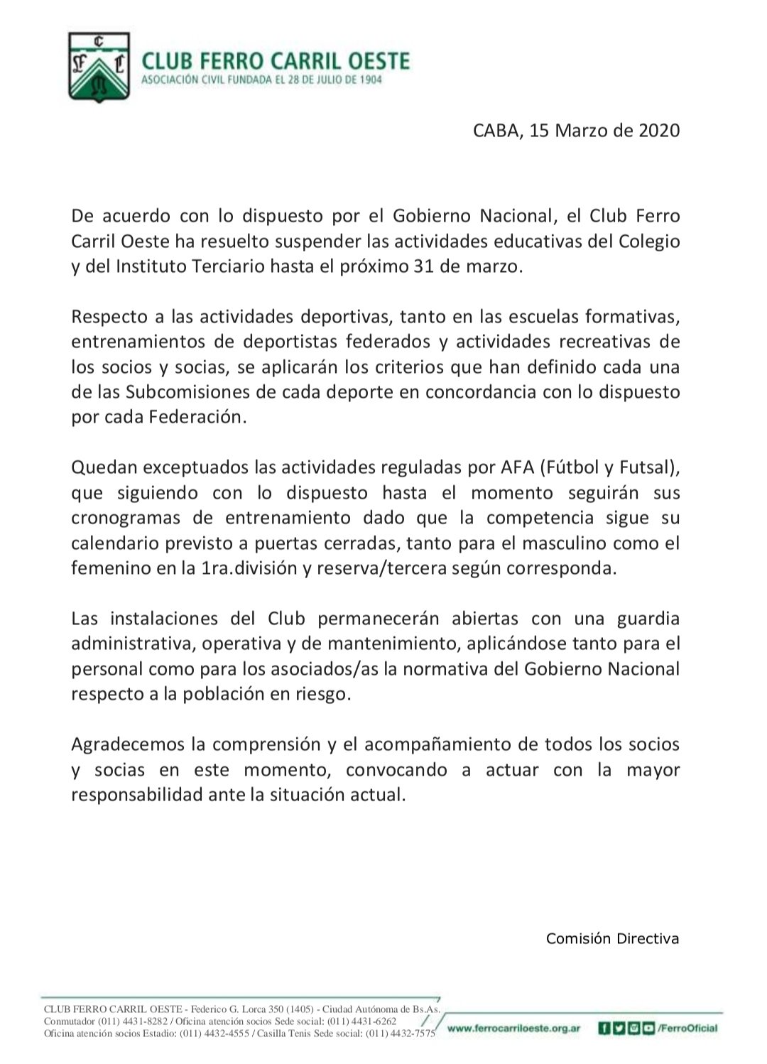 Suspensión de actividades – Club Ferro Carril Oeste