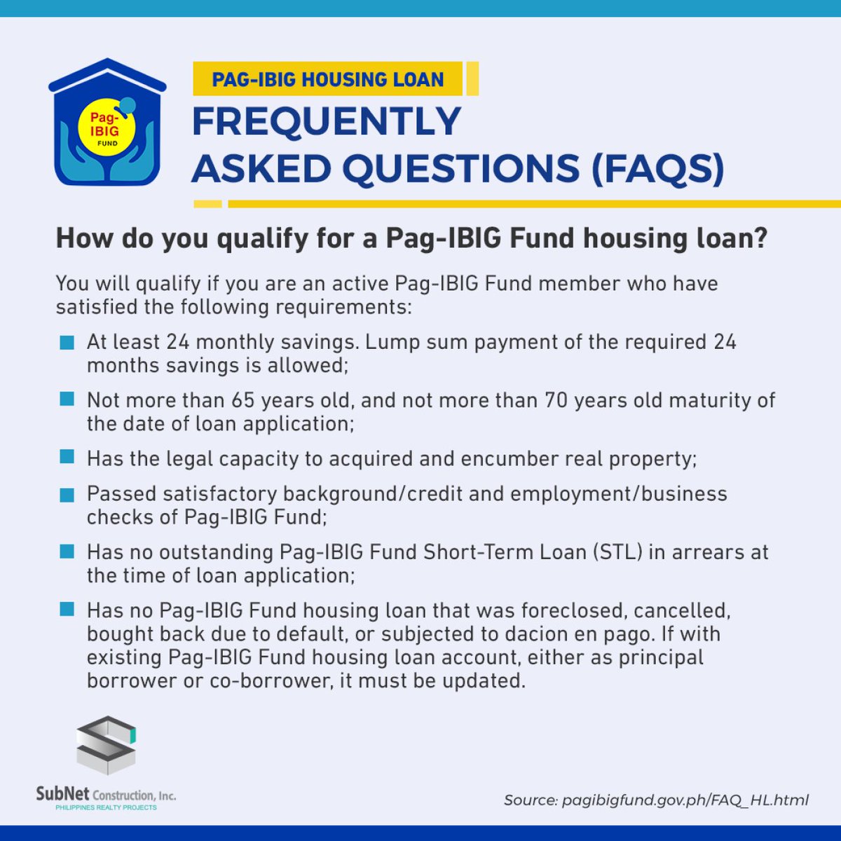 SubnetConstruct's tweet photo. #FAQ: How do you qualify for a #PagIBIGFund #housingloan? https://t.co/ZTytJkGrxd