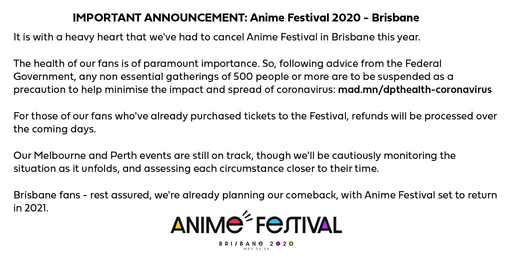crx_aus's tweet photo. The health of our fans &amp; the wider community is important to us. We’ll be back in action once it’s safe to do so – stay tuned. Get the facts on COVID-19:  https://t.co/893IihflB0 
#LockdownAustralia #coronavirus #animefestival #AnifestAUS #Brisbane https://t.co/S9WCS44my7