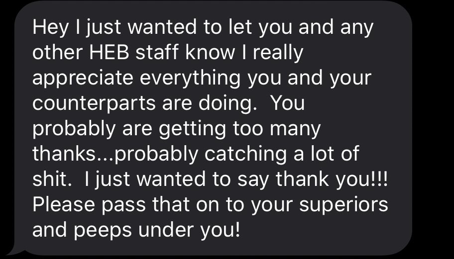 SerennRenn24's tweet photo. Guys, this made my day. Please, please be nice to all HEB employees. We are trying our hardest to get you guys everything we possibly can. Continue to spread the love, it’s greatly appreciated. #HebStrong ♥️💪🏼 https://t.co/RWsphd9kGP