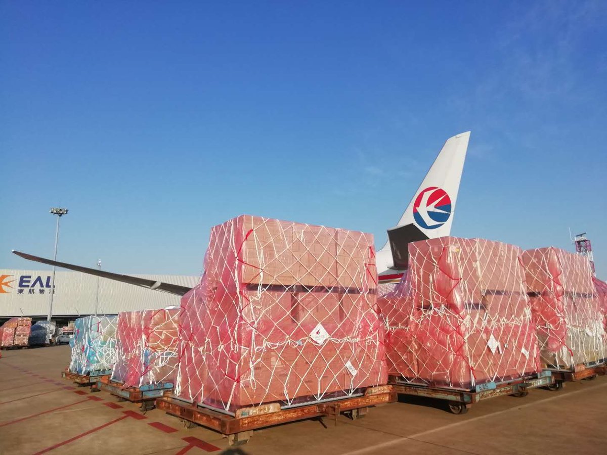 The first shipment of masks and coronavirus test kits to the US is taking off from Shanghai. All the best to our friends in America. 🙏