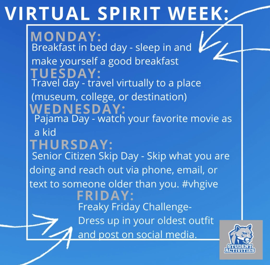 Hey VHHS, let’s get ready for our first ever Virtual Spirit Week!  During a time like this we could use some positive vibes. Let’s try to connect virtually and have some fun. #vhway #d128daring
