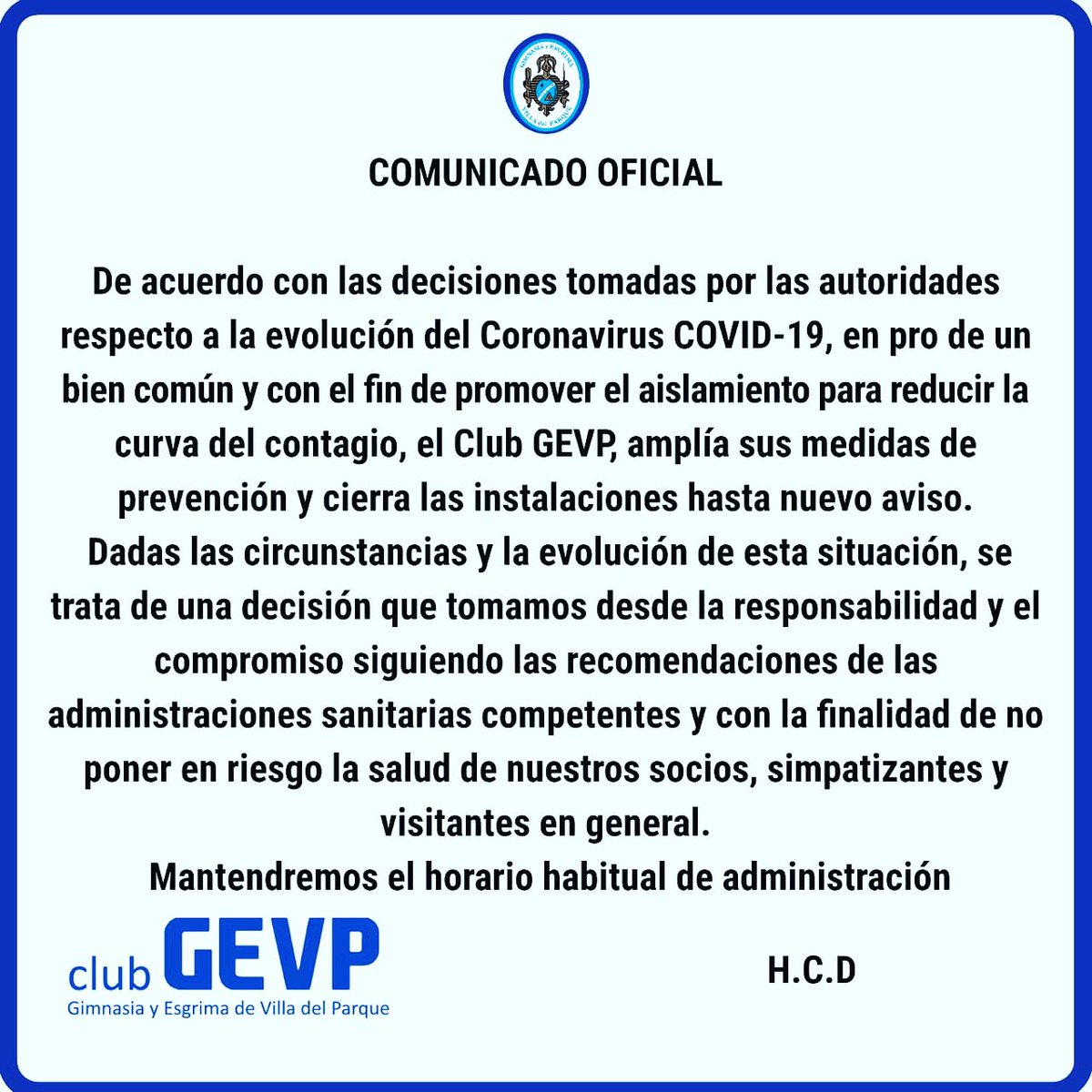 Comunicado Oficial - El club GEVP decide suspender sus actividades hasta nuevo aviso para mantener el aislamiento como medida de  prevención del COVID-19. 
Administración atenderá en horarios habituales. @club_gevp