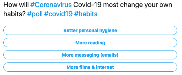 mdial's tweet photo. In an effort to focus on the positives of #coronavirus, I'm hoping you might find this poll intriguing! Add comments if your answer isn't available! And please share if you find acceptable! https://t.co/vnekVagS0b 
Stay safe and sane! https://t.co/BzPPBNFxWh