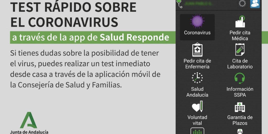 📢#COVID19 | La app #SaludResponde ha habilitado un test rápido que puedes realizar desde casa ante la duda de tener #coronavirus y así evitar colapsar los servicios sanitarios y los teléfonos. 📱Descárgala en el siguiente enlace 👉 lajunta.es/298x3  #YoMeQuedoEnCasa