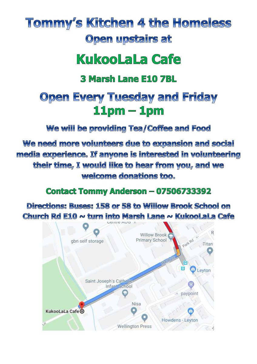#TommysKitchen 4 the Homeless #E
@KukooLaLaCafe Open Every Tues &amp; Fri - 11pm – 1pm 
Providing Tea/Coffee &amp; Food
We need more #volunteers due to expansion &amp; social media exp. Anyone interested in volunteering time, I would like to hear from you, &amp; welcome donations too.