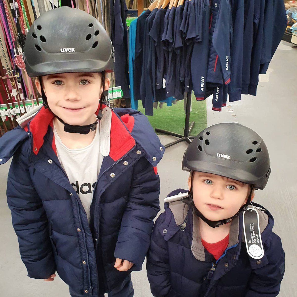 Being fitted for their first riding hats! These <a href="/uvexuk/">uvexequestrianuk</a> are fab - super lightweight and adjustable so should fit them longer! 🙌🏼 #horseymum