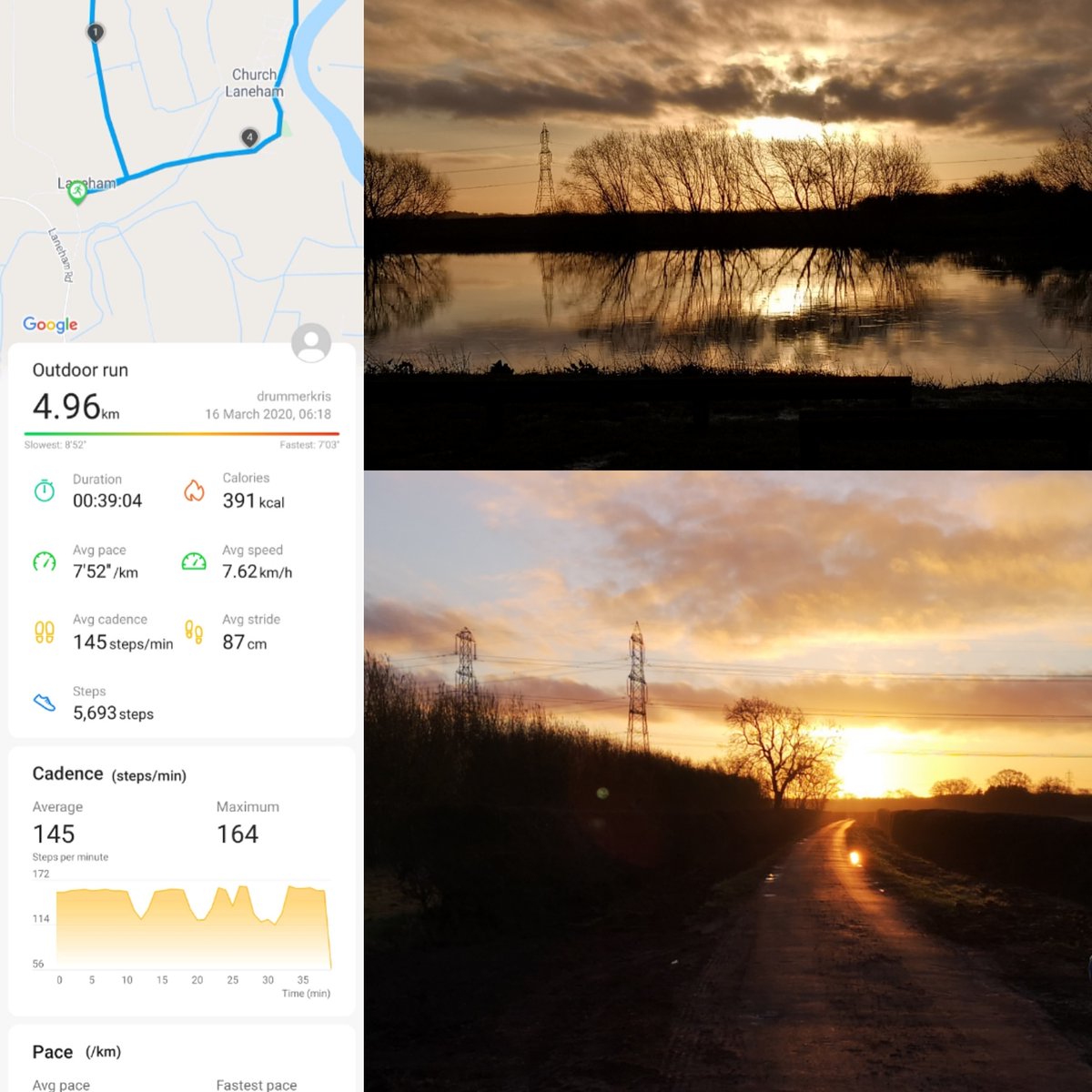 drummerkris's tweet photo. Started the exercise thing again after the ops...
Not a record breaking time for 5k but its 6 minutes faster than last week!
And beautiful sunrise on the run too!
#run #running #laneham #sunrise #MondayMotivation https://t.co/3zgV46jRua