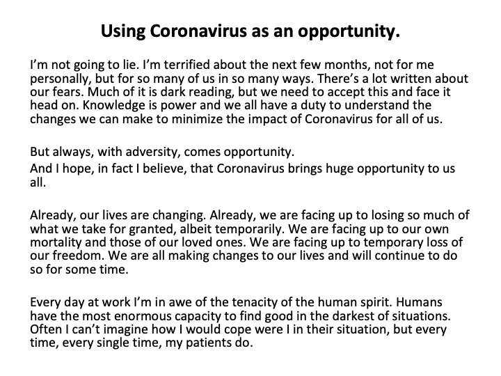 lucygoss's tweet photo. Coronavirus is a bugger. But it’s also an opportunity. Let’s take it. https://t.co/sWzq7Ihfq4