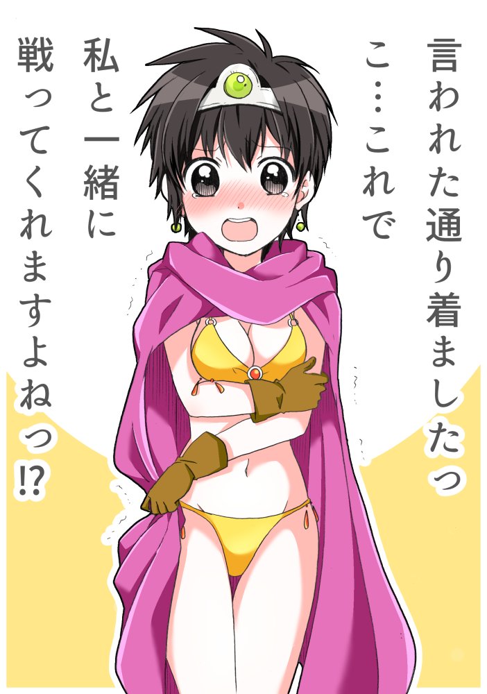 大場玲耶 勇これ連載中 ドラクエ３ 勇者ちゃんと魔法のビキニ 男戦士 タダで一緒に戦ってって言われてもな 男商人 何か 見返りはあるのですかな 男魔法使い せめてビキニくらい着て本気度を示してもらわんとのう 女勇者 わ わかりました
