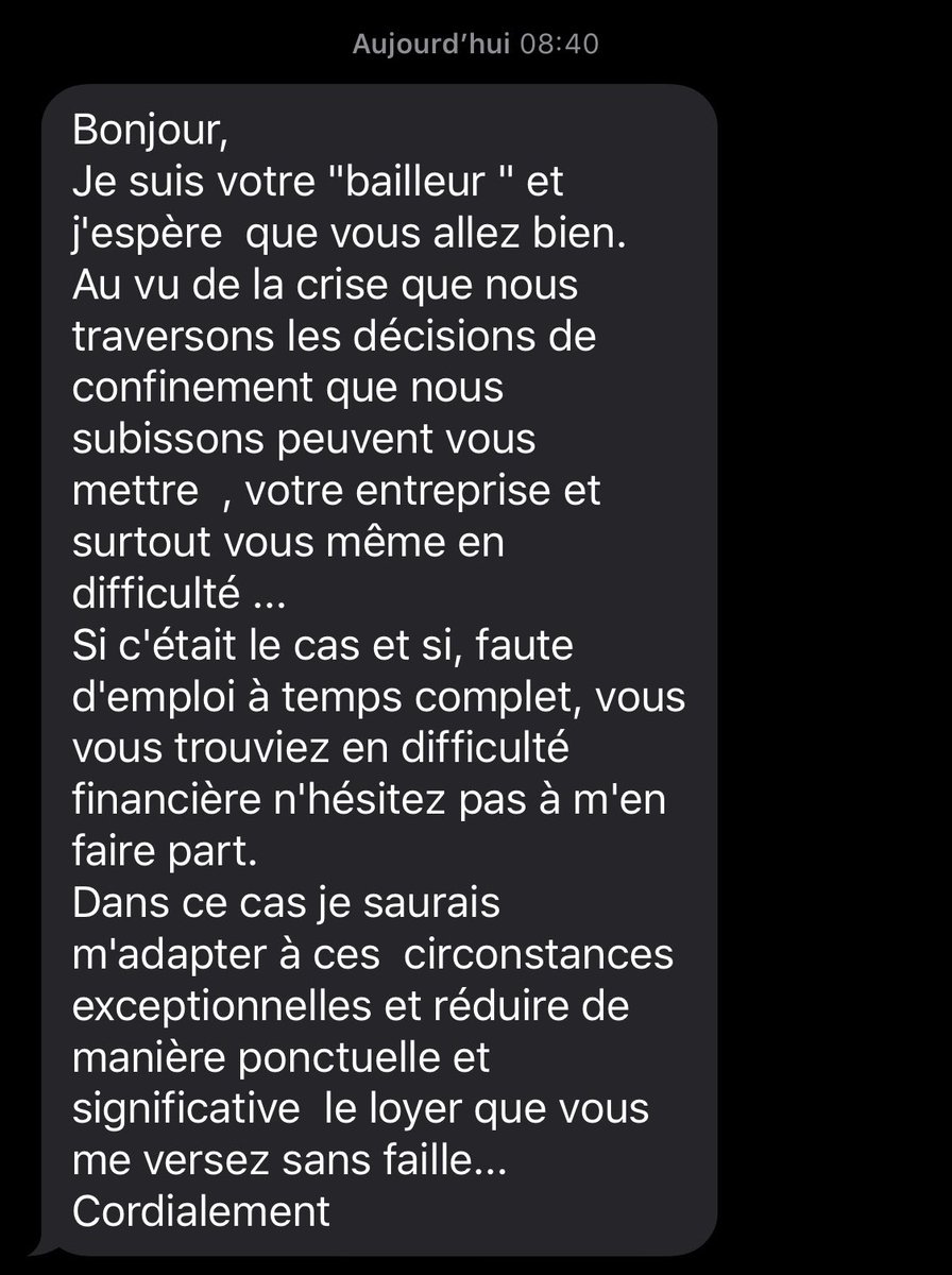 Sclark14's tweet photo. Sms de mon bailleur. Un peu de solidarité et d’humanité ça fait grave du bien. #COVID19france https://t.co/JPr25av5Wh
