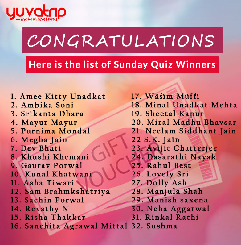 yuvatrip's tweet photo. Congratulations to all the winners of ‘#SundayQuizContest’. You have won the surprise gift #Voucher. Enjoy Booking with #YuvaTrip! 
The Lucky #MovieTicket Winner will be announced soon. Stay Tuned! https://t.co/hklzdLkUBv