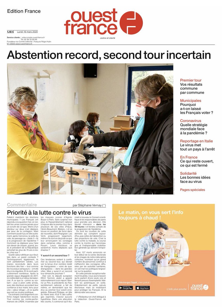 🗞 Le journal @ouestfrance en édition numérique est exceptionnellement offert ce matin. 🤩

Découvrez les résultats #Municipales2020  dans votre commune, analyses et décryptages, réactions des candidats… 📝

Accédez au journal gratuitement ici ➡️ bit.ly/2TW5wqN