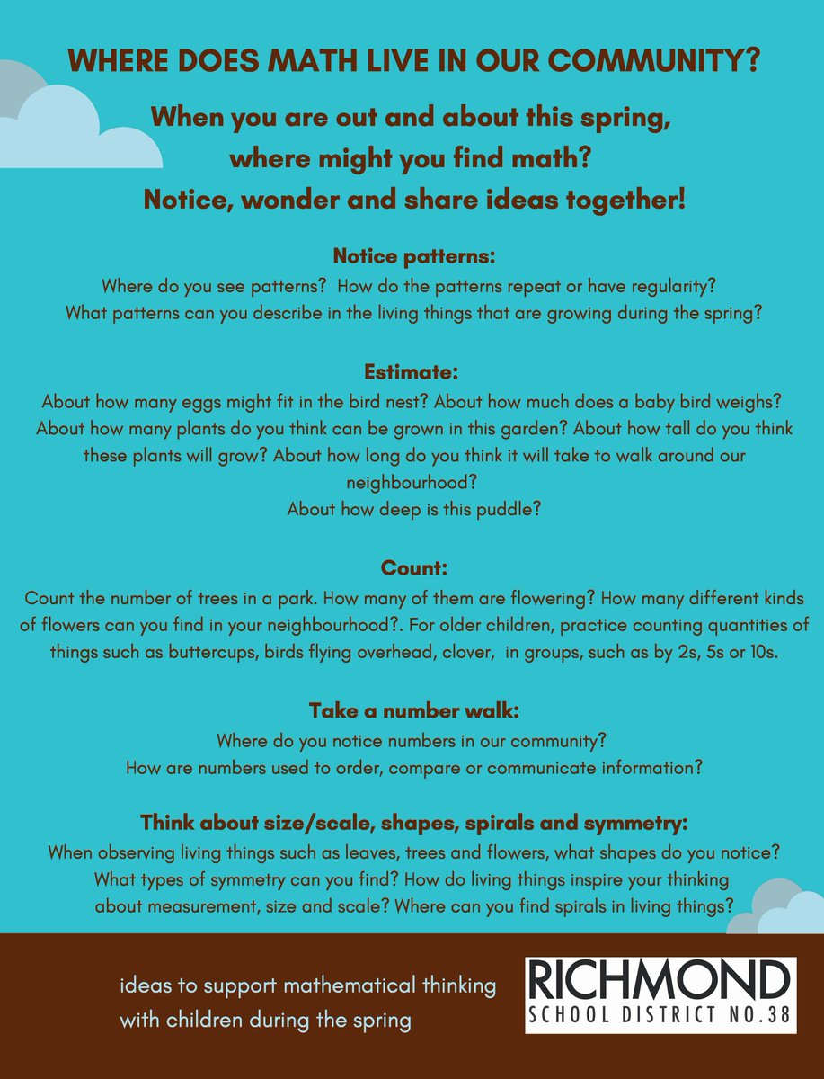 Janice Novakowski (@jnovakowski_) on Twitter photo For families wanting to get outside locally this spring break, here are some prompts to inspire mathematical thinking.
<a href="/RichmondSD38/">Richmond Schools</a> #sd38learn For families wanting to get outside locally this spring break, here are some prompts to inspire mathematical thinking.
<a href="/RichmondSD38/">Richmond Schools</a> #sd38learn
