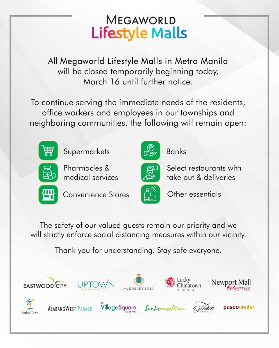 TEMPORARY MALL CLOSURE

Please be guided on the temporary closure of all Megaworld Lifestyle Malls in Metro Manila after mall hours (7PM) of March 16 until further notice.