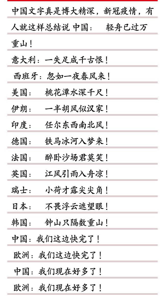 战忽局 东方电子报 No 1 News 中国文字真是博大精深 新冠疫情 有人就这样总结说 中国 轻舟已过万重山 意大利 一失足成千古恨 西班牙 忽如一夜春风来 美国 桃花潭水深千尺 伊朗 一半胡风似汉家 印度 任尔东西南北风 德国