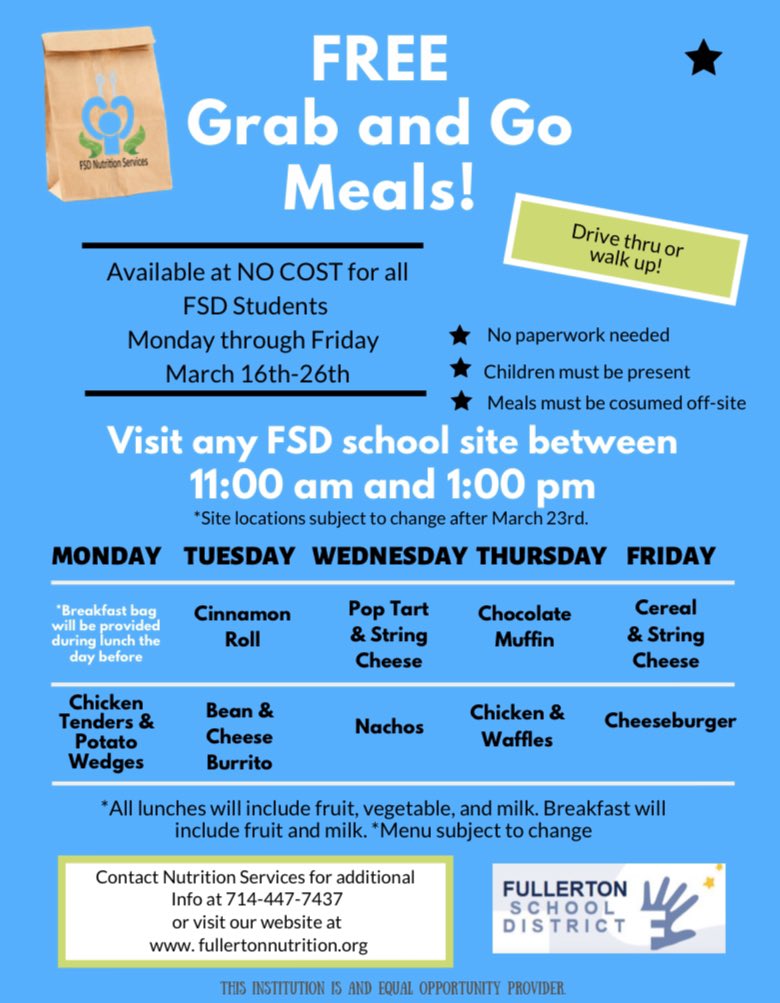 AcaciaCotsen's tweet image. Acacia Families-you can walk up/drive up to get free school lunch at Acacia rain or shine 11am-1pm March 16-26 @Acaciapride