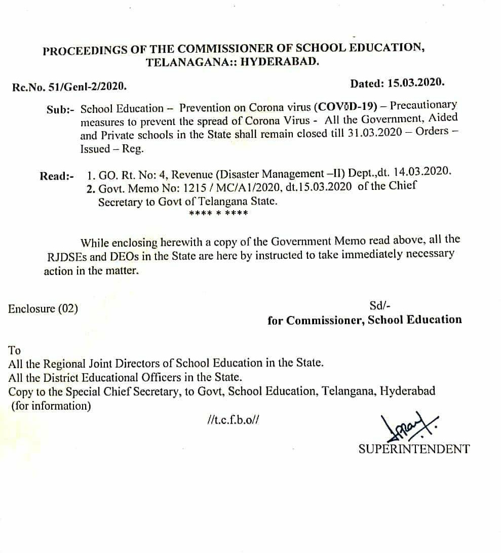 TUTAKNR's tweet photo. #Telangana
#Hyderabad 
#TS #CDSE
#RcNo. 51/Genl-2/2020
Date: 15-03-2020
#SchoolEducation
#Prevention_from_COVID19
#PrecautionaryMeasures 
All the #Government #Aided #Private #Schools in the state shall remain #closed till 31-03-2020. 
#Schools
#Teachers
#Students
#CoronaIndia https://t.co/Y1UHgDPjUB