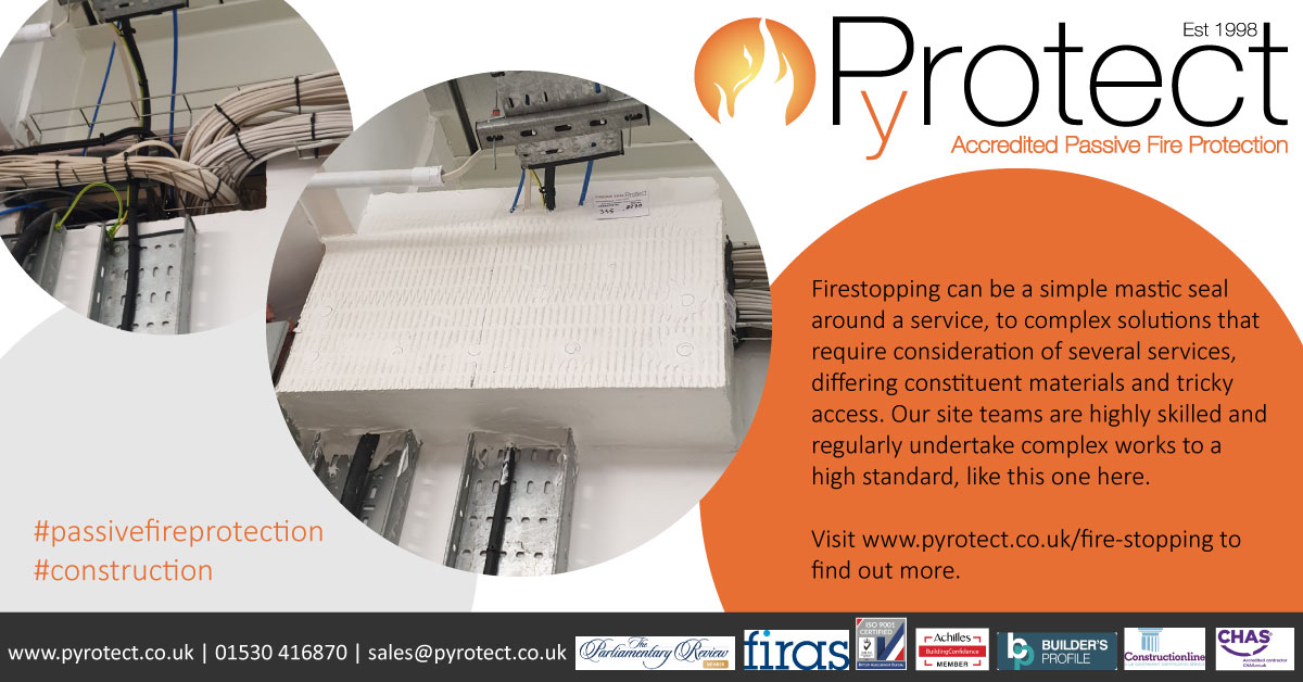 Firestopping can be a simple mastic seal around a service, to complex solutions that require consideration of several services, differing constituent materials and tricky access.  Visit pyrotect.co.uk/fire-stopping to find out more #passivefireprotection #construction