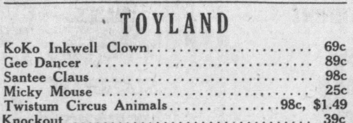 かねひさ和哉 1927年の広告で 道化師ココ と ミッキーマウス が同じ広告に並んでいる奇妙さ ココはあのココだと思うが ミッキーは同名の別のおもちゃなんだろうな ビンガムトン プレス 1927年12月5日
