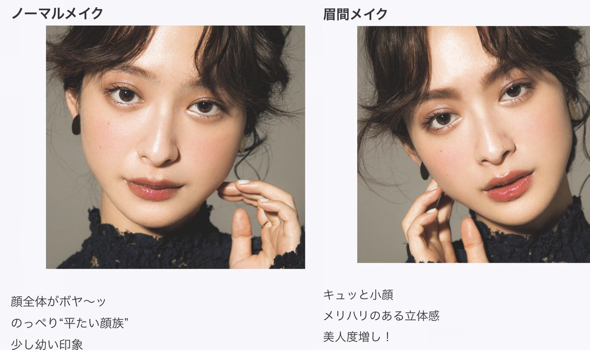 顔のメリハリはこう作る。ハイライトを入れる場所は目頭・鼻根・額の中央・眉の下。