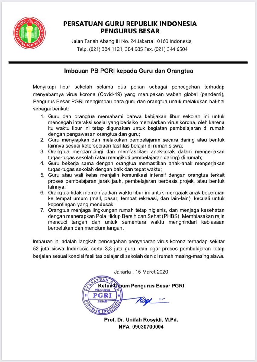 PB_PGRI's tweet photo. Mulai Hari ini pergunakan waktu sebaik baiknya demi kesehatan kita bersama https://t.co/98abCCApU4