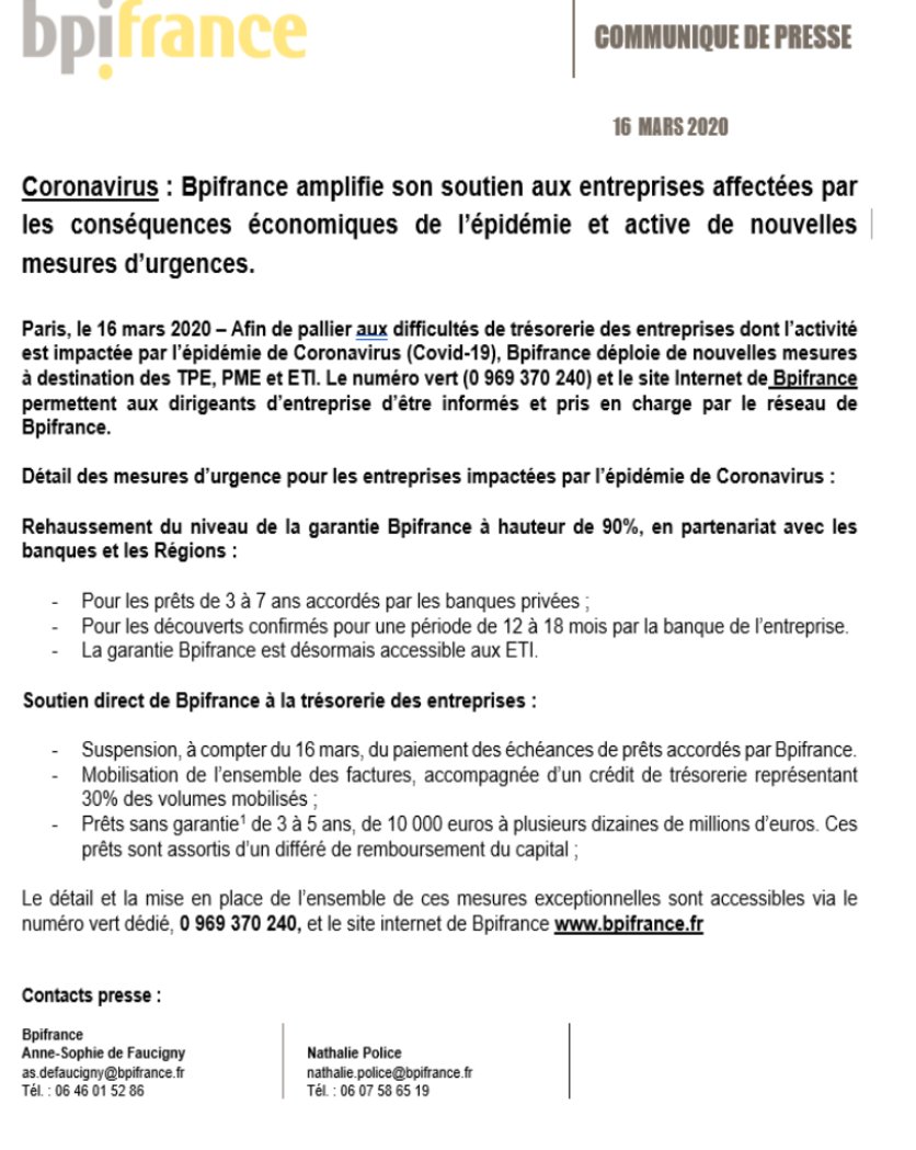 .<a href="/Bpifrance/">Bpifrance</a> en soutien total des entreprises impactées par les conséquences de l'épidémie de #Coronavirus.

Dès aujourd'hui, lundi 16 mars, nous déployons des mesures exceptionnelles à destination des #TPE, #PME et #ETI pour les accompagner sur le chemin de la résilience.