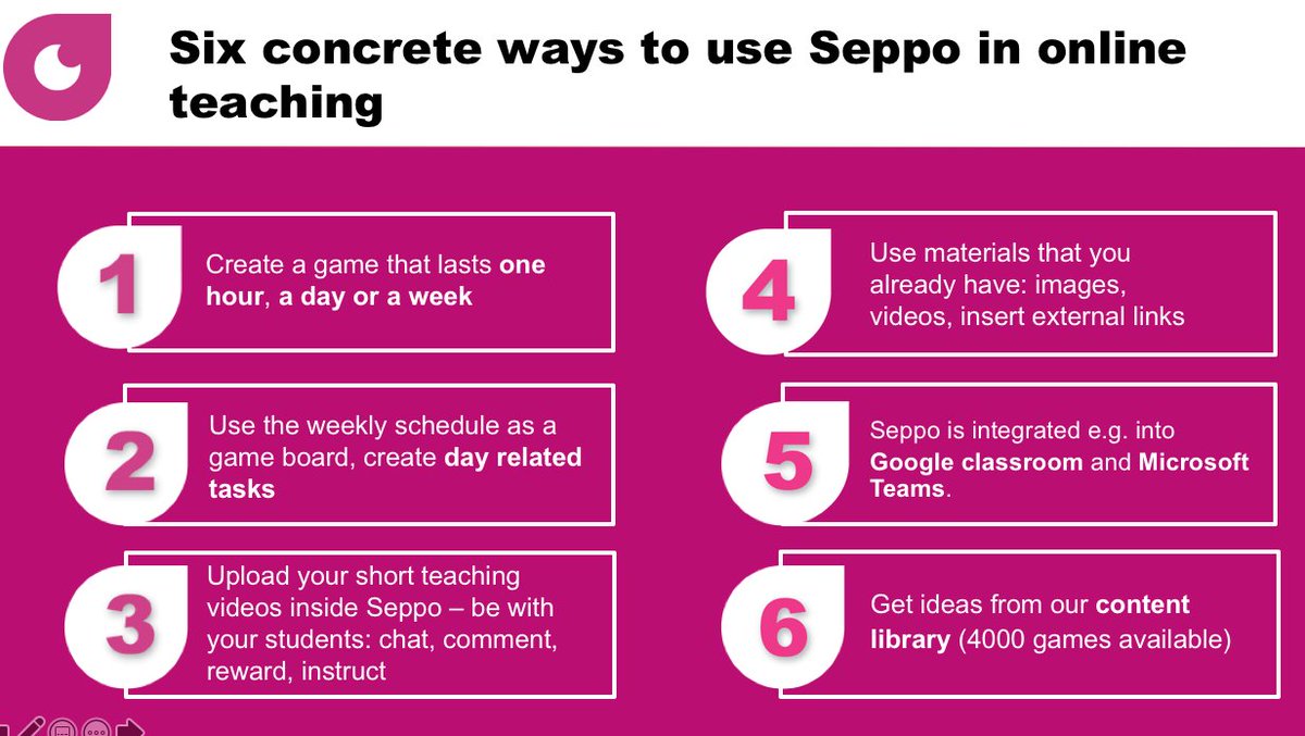 How to use Seppo in online teaching? Six concrete ways to make your students active.
#remotelearning #distancelearning <a href="/GoogleForEdu/">Google for Education</a> #AppleEDUchat