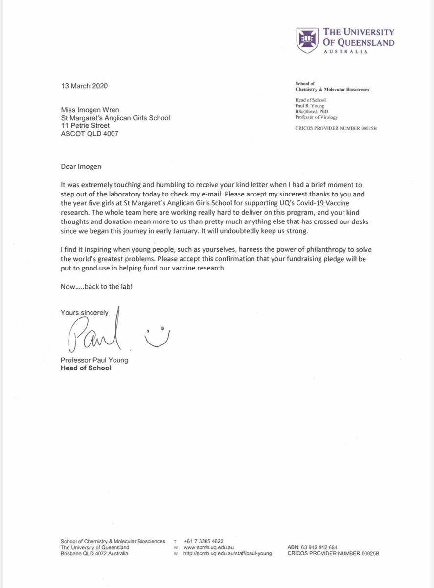 Some year 5 girls at my old school, St Margaret’s, wrote to the #covid19 research team at <a href="/UQ_News/">UQ News</a> and asked to donate $100 from a school movie night. The response is just delightful. ❤️