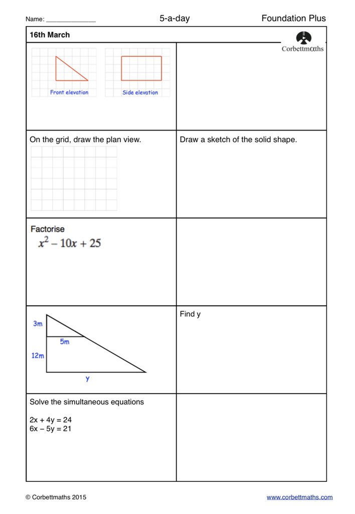Corbettmaths's tweet photo. Studying for Foundation GCSE Maths? Try today's Foundation or the challenging Foundation Plus #maths5aday answers: https://t.co/YFH42YTcTV https://t.co/K0YyGfFSYw