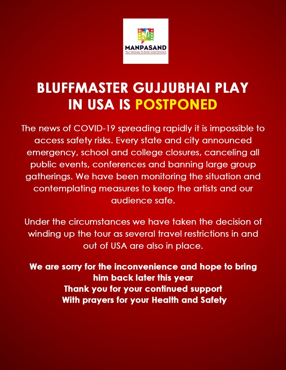 ManpasandInc's tweet photo. Kindly mark the information. 
Thank you for your continued support.
We hope to bring it soon.
#ManpasandInce #GujjubhaiPlay #BeSafe #CoronaVirus https://t.co/7Bmby1xSus