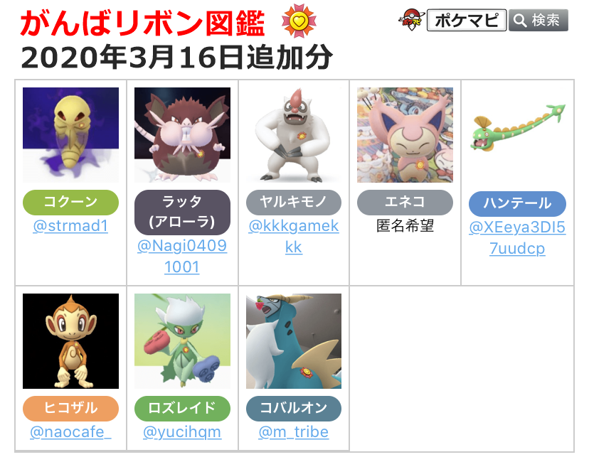 ポケモンgo攻略情報 ポケマピ 現時点で画像を募集中のポケモン一覧です 募集中のポケモンを最高の相棒にされた方は がんばリボン を付けた姿の画像をぜひ送ってください Twitterのリプライ Dm ポケマピ掲示板で受け付け中です 一覧 詳細は ポケモンgo攻略情報 ポケマピ 現時点で画像を募集中のポケモン一覧です 募集中のポケモンを最高の相棒にされた方は がんばリボン を付けた姿の画像をぜひ送ってください Twitterのリプライ Dm ポケマピ掲示板で受け付け中です 一覧 詳細は