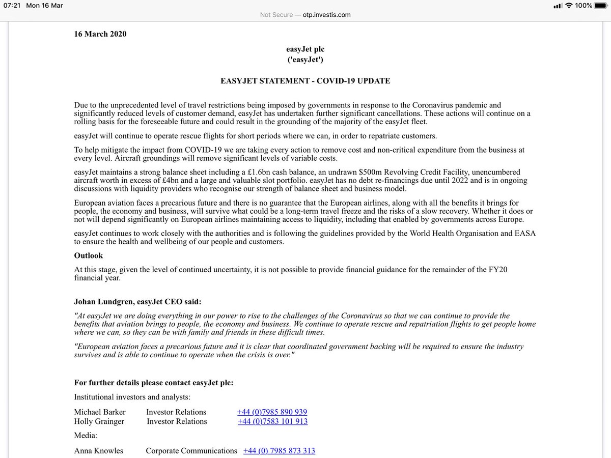 Easyjet is grounding 100 of its 344 aircraft across Europe with more schedule reductions to come. An unspecified number of 15,000 staff will be asked to take pay cuts and unpaid leave. CEO says “coordinated government backing is required to ensure the industry survives”.