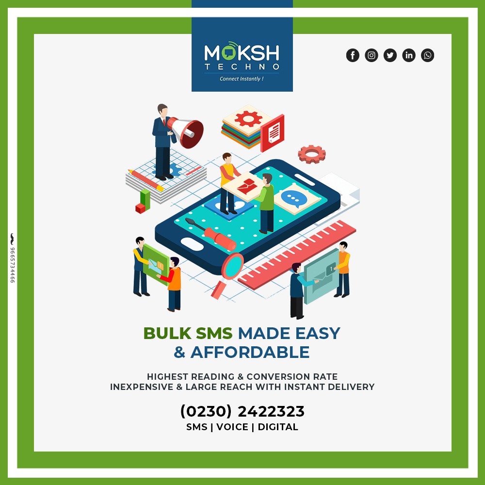 The uses of Bulk SMS messaging are regularly developing as new business and public welfare needs are being identified and Bulk SMS is easy & affordable..

#moksh #mokshtechno #techno #sms #bulksms #voicesms #digital #totalmessagingsoltion #onestopsolution #connectinstantly