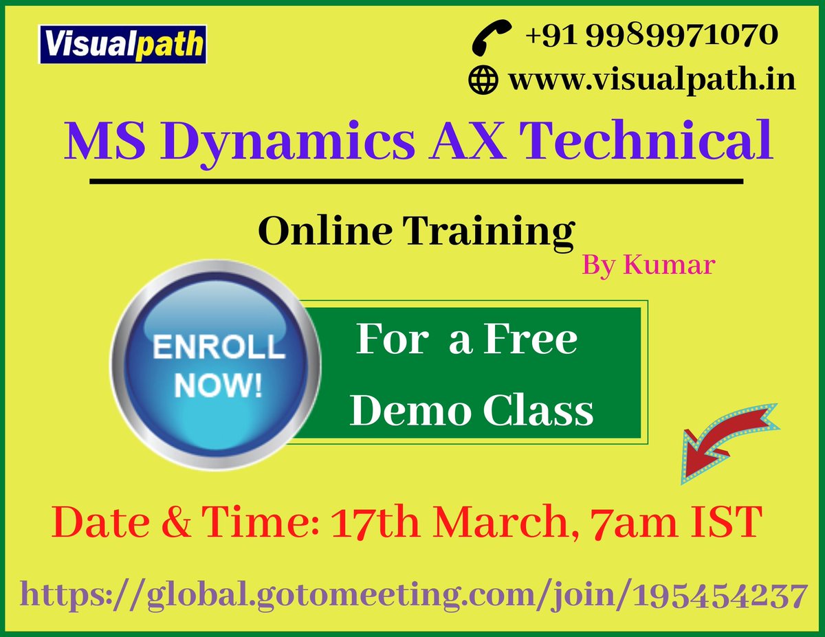VisualpathPro's tweet photo. We are starting a new batch on #d365_AX_Technical10
Date &amp; Time: 17th March, 2020 - 7am IST
Demo session link ➡️ https://t.co/MtcUrvlA6J
Contact / Whatsapp +91 9989971070
Visit https://t.co/L8zeEXYE4o
#axtechnical #d365axtechnical #CoronavirusOutbreak #AnalogIAS https://t.co/PenG7hSVE8