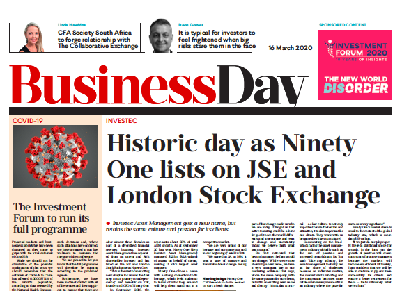 AltInvestForum's tweet photo. Our media partners, @BDliveSA bringing order to the #NewWorldDisorder in today's special edition. #IF2020 https://t.co/s2S2HB3d9v